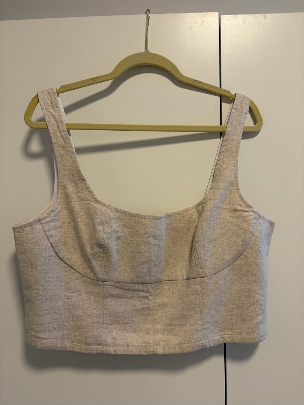 Beige Linen-Blend Cropped Structured Top